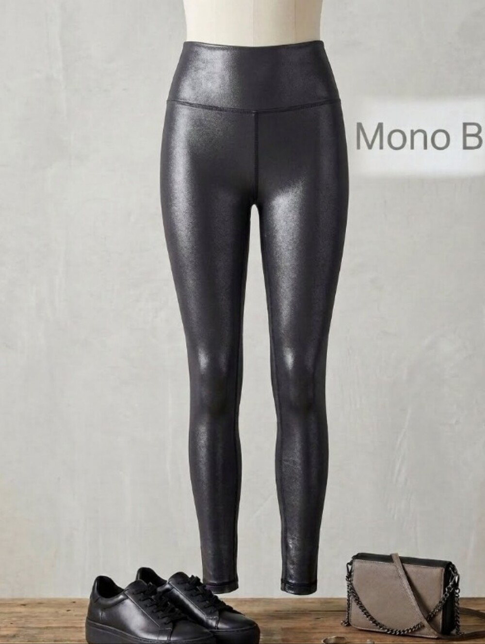 Mono B Small Yoga High Waist Leggings Black Foil Pebble Shimmer Ankle Y2k - Picture 8 of 12